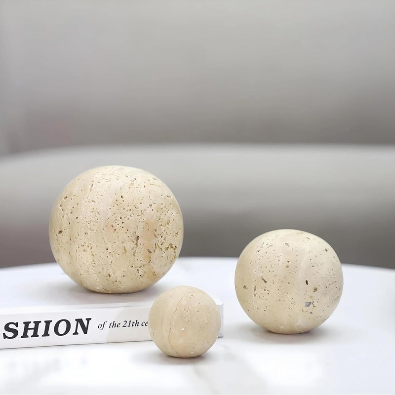 Artisanal Abode Yellow Travertine Marble Sphere, Hand-Polished Natural Stone Ball Decor, Living Room Accent (10cm Diameter) - Image 1